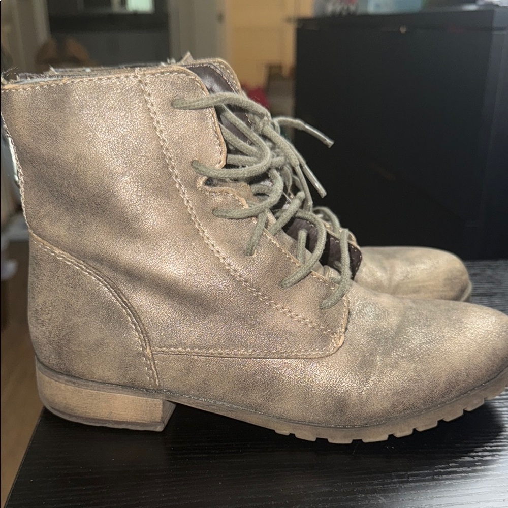 Brown/Gold Lace-Up Boots with Distressed Finish